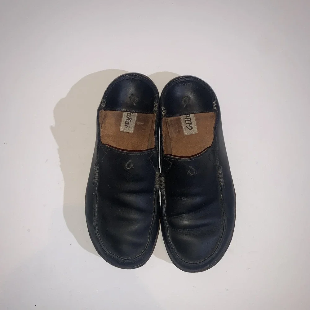 OluKai Moloa Shoes Mens Size 8 Black Leather Slip On Loafers Casual Comfort